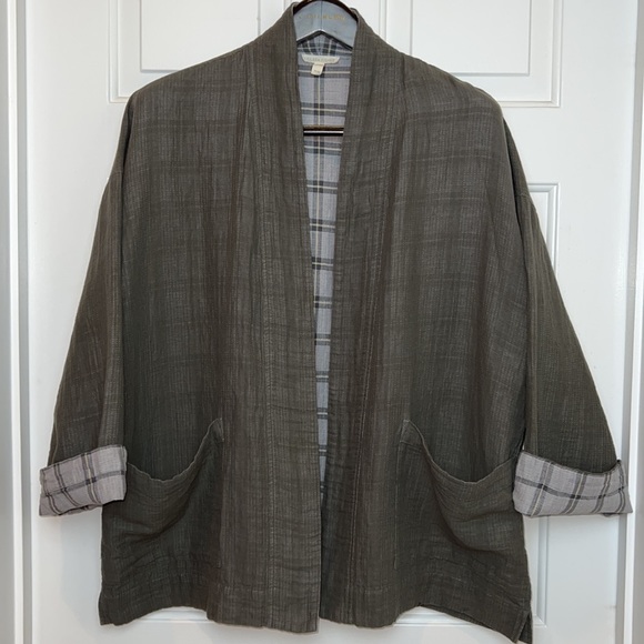 Eileen Fisher Cardigan Kimono Organic Cotton and Linen Medium Taupe - Picture 3 of 13